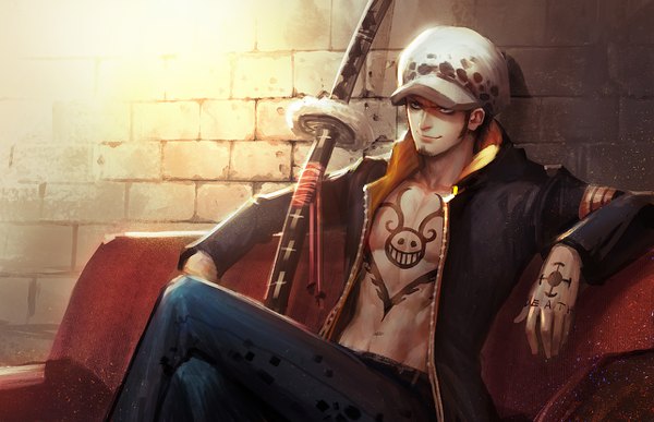 Anime picture 1286x830 with one piece toei animation trafalgar law shitsu soku k single short hair black hair smile sitting realistic open jacket tattoo crossed legs muscle against wall smirk brick wall sidewhiskers boy navel