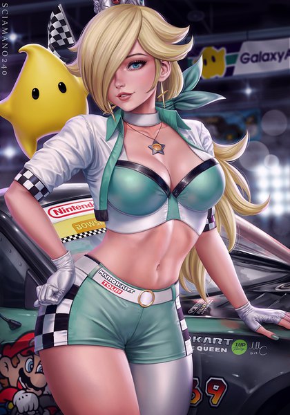 Anime picture 868x1240 with super mario bros. super mario galaxy nintendo mario rosetta (mario) chiko (mario) sciamano240 single long hair tall image looking at viewer fringe breasts blue eyes light erotic blonde hair large breasts standing signed payot