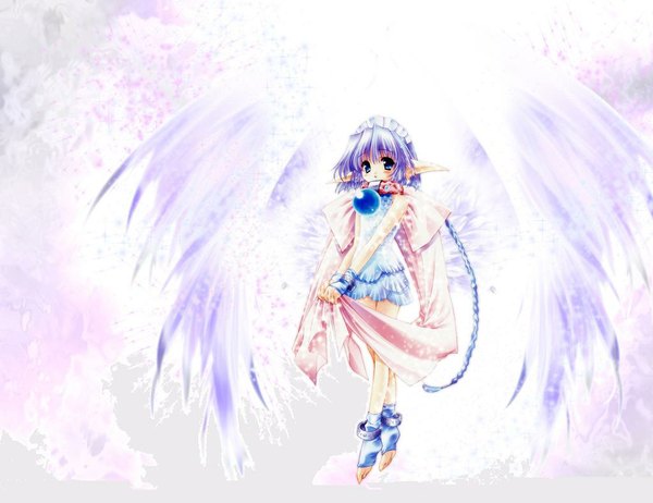 Anime picture 1024x789 with moldavite nina fromm carnelian single blue eyes blue hair braid (braids) very long hair pointy ears single braid angel wings girl wings scarf