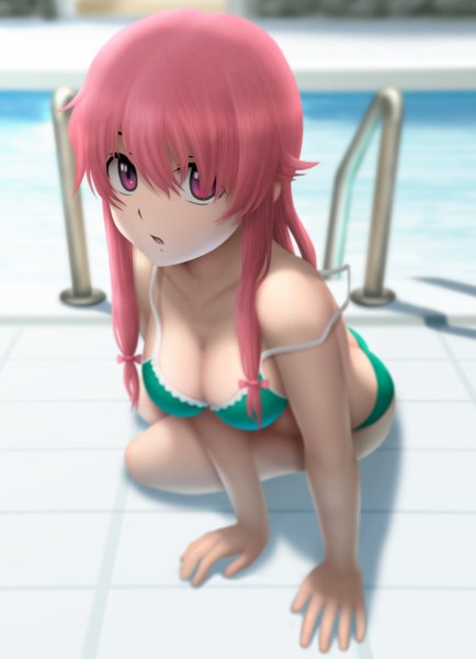 Anime picture 940x1300 with mirai nikki gasai yuno siraha single long hair tall image looking at viewer breasts open mouth light erotic pink hair pink eyes shadow girl swimsuit bikini
