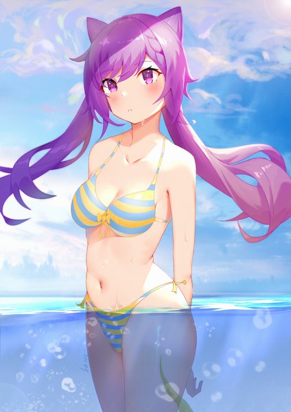 Anime picture 3720x5262 with genshin impact keqing (genshin impact) dianhua dianhua he single long hair tall image blush fringe highres breasts light erotic hair between eyes standing purple eyes twintails looking away absurdres sky purple hair cloud (clouds)