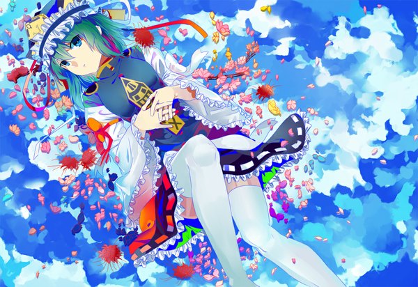Anime picture 1000x688 with touhou shikieiki yamaxanadu rff (3 percent) single short hair blue eyes cloud (clouds) green hair girl thighhighs dress flower (flowers) hat white thighhighs frills rod of remorse