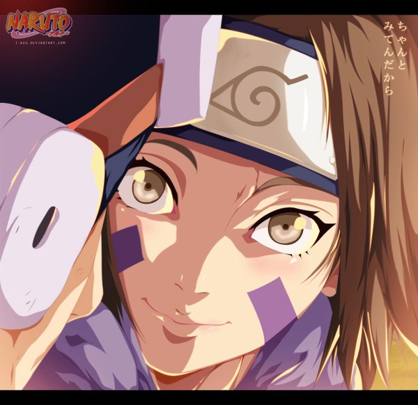 Anime picture 1400x1360 with naruto studio pierrot naruto (series) uchiha obito nohara rin i-azu short hair black hair smile brown hair brown eyes inscription couple coloring facial mark watermark letterboxed close-up face akatsuki