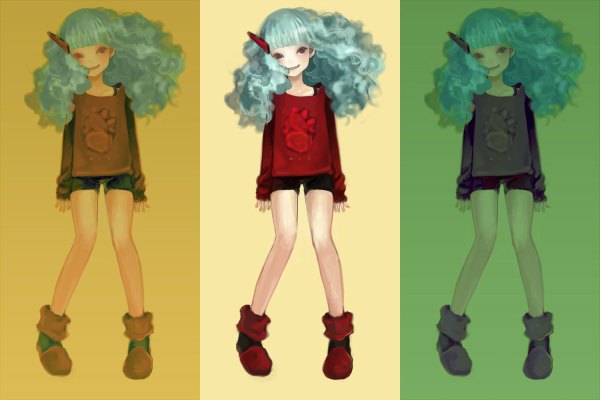 Anime picture 1200x800 with original dohi (bonno) long hair smile loli legs multiview multiple persona curly hair column lineup girl boots