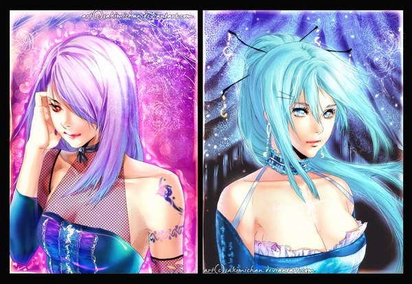 Anime picture 1024x708 with original sakimichan long hair fringe short hair breasts blue eyes light erotic red eyes bare shoulders multiple girls signed purple hair ponytail light smile lips hair over one eye realistic aqua hair tattoo