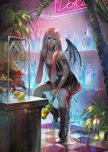 Anime-Bild 800x1119 mit original hage2013 single long hair tall image sitting silver hair horn (horns) realistic tattoo checkered floor bat wings girl wings food collar knee boots fruit bottle berry (berries)