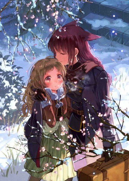 Anime picture 571x800 with original hatishiro (itou8) long hair tall image blush red eyes brown hair multiple girls animal ears red hair cat ears hug snowing winter snow exhalation bare tree girl dress uniform