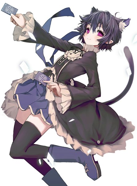 Anime picture 741x1000 with original pixiv fantasia pixiv fantasia t zen33n single tall image looking at viewer short hair black hair simple background smile white background holding animal ears bent knee (knees) tail long sleeves animal tail pink eyes pointy ears