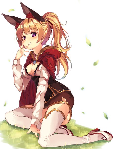 Anime picture 1280x1680 with original mizuyoukan (mikususannda) long hair tall image breasts light erotic blonde hair smile large breasts white background sitting purple eyes animal ears cleavage ponytail long sleeves high heels fox ears grin hand to mouth