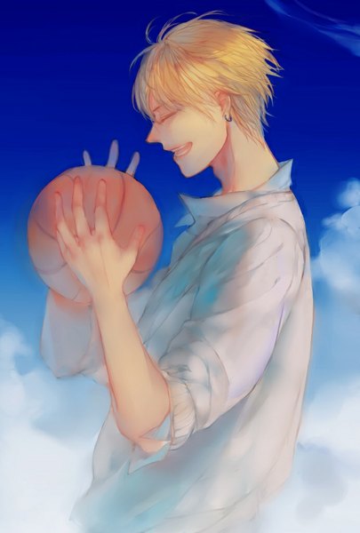 Anime picture 692x1024 with kuroko no basket production i.g kise ryouta mo single tall image short hair open mouth blonde hair sky cloud (clouds) eyes closed profile boy earrings shirt ball basketball ball