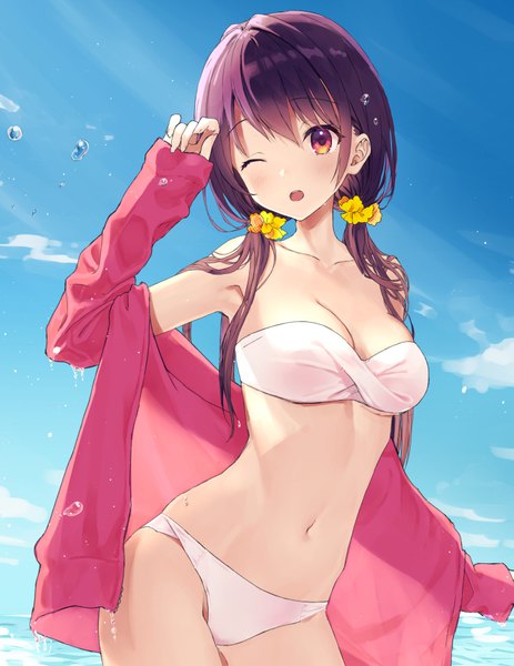 Anime picture 700x906 with original rimo single long hair tall image blush fringe breasts open mouth light erotic hair between eyes red eyes twintails bare shoulders looking away sky cleavage purple hair cloud (clouds) one eye closed