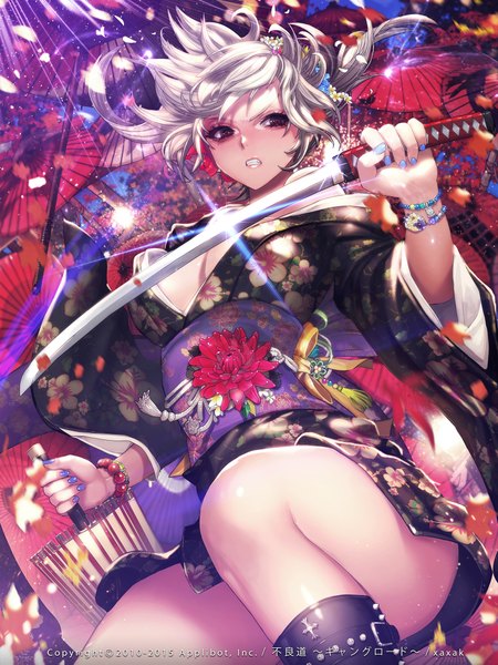Anime picture 1600x2133 with furyou michi ~gang road~ xaxak single tall image looking at viewer short hair brown eyes white hair traditional clothes japanese clothes girl flower (flowers) weapon petals sword bracelet kimono katana umbrella obi