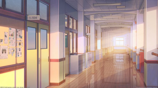 Anime picture 1920x1080 with love money rock'n'roll original arsenixc vvcephei highres wide image signed sunlight copyright name reflection no people sunbeam 2016 collaboration sliding doors school hallway