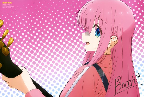 Anime picture 6078x4094 with bocchi the rock! cloverworks newtype gotou hitori kerorira single long hair highres open mouth blue eyes pink hair absurdres upper body profile from behind scan official art sweatdrop polka dot polka dot background