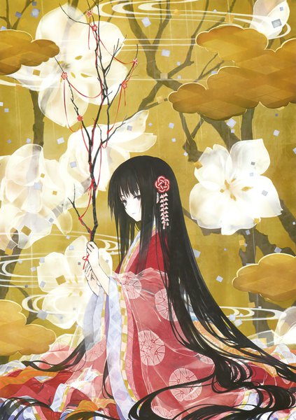 Anime picture 2117x3000 with original eshi 100-nin ten takano otohiko single tall image looking at viewer fringe highres black hair sitting holding very long hair traditional clothes japanese clothes black eyes scan wide sleeves floral background girl hair ornament