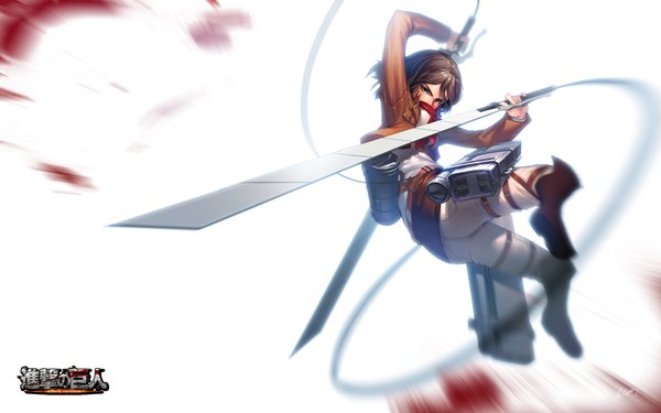 Anime picture 1920x1200 with shingeki no kyojin production i.g mikasa ackerman rheez (artist) single highres short hair simple background brown hair wide image white background holding brown eyes open clothes open jacket dual wielding battle girl weapon sword