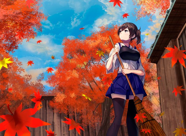 Anime picture 1400x1027 with kantai collection kaga aircraft carrier konkito single looking at viewer short hair brown hair brown eyes looking away side ponytail girl thighhighs skirt black thighhighs leaf (leaves) broom maple leaf
