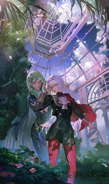 Anime picture 1000x1689 with fire emblem fire emblem: three houses nintendo edelgard von hresvelg byleth (fire emblem) byleth (female) (fire emblem) enlightened byleth (female) minty0 long hair tall image standing multiple girls brown eyes sky cloud (clouds) white hair long sleeves green hair covering eye (eyes) bespectacled