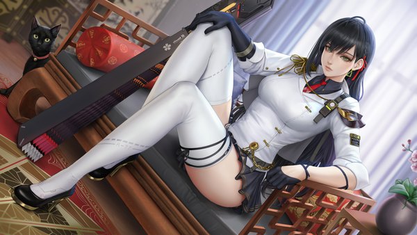 Anime picture 3840x2160 with tower of fantasy lin (tower of fantasy) sciamano240 single long hair looking at viewer fringe highres breasts black hair hair between eyes wide image large breasts sitting green eyes absurdres full body ahoge bent knee (knees) indoors