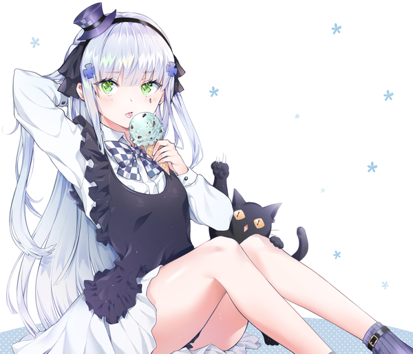 Anime picture 1980x1700 with girls frontline hk416 (girls frontline) hk416 (black kitty's gift) (girls frontline) cpqm single long hair looking at viewer blush fringe highres light erotic simple background white background sitting holding green eyes payot silver hair bent knee (knees) blunt bangs