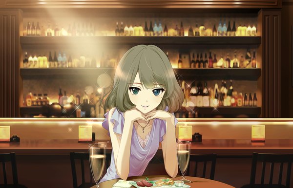 Anime picture 1280x824 with idolmaster idolmaster cinderella girls takagaki kaede annindoufu (oicon) single looking at viewer fringe short hair blue eyes sitting bare shoulders green eyes indoors green hair light smile blurry mole sparkle depth of field mole under eye