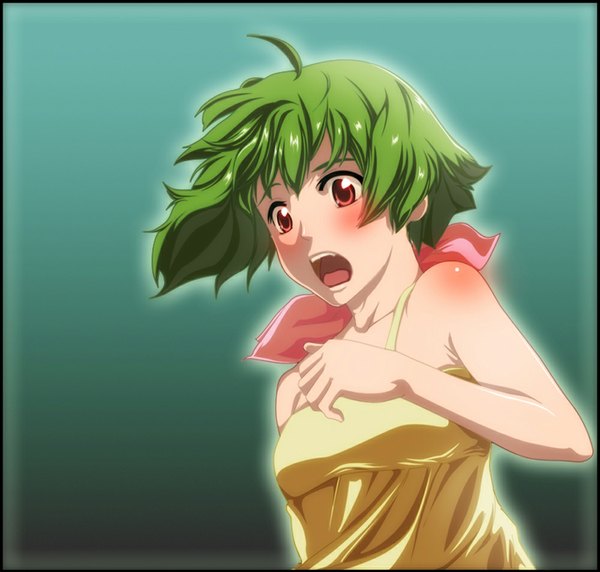 Anime picture 1000x954 with macross macross frontier ranka lee benderzz single blush short hair open mouth simple background red eyes bare shoulders ahoge green hair coloring framed girl dress