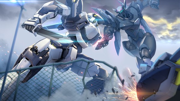 Anime picture 1919x1080 with full metal panic! gonzo arbalest belial (full metal panic!) smoke (flyx21) highres wide image sky no people battle knife fence mecha chain-link fence