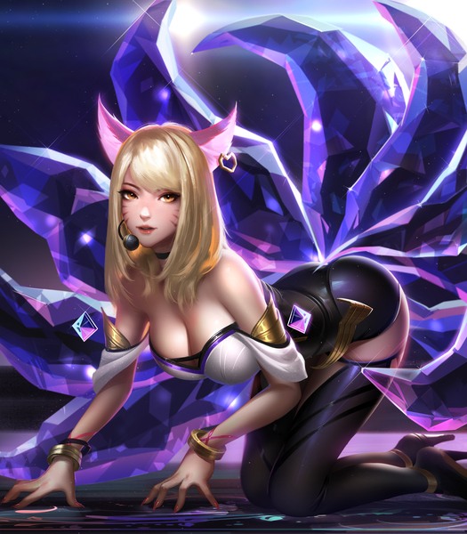 Anime picture 3500x4000 with league of legends k/da (league of legends) ahri (league of legends) k/da ahri liang xing single long hair tall image looking at viewer fringe highres breasts light erotic large breasts bare shoulders animal ears yellow eyes absurdres cleavage full body