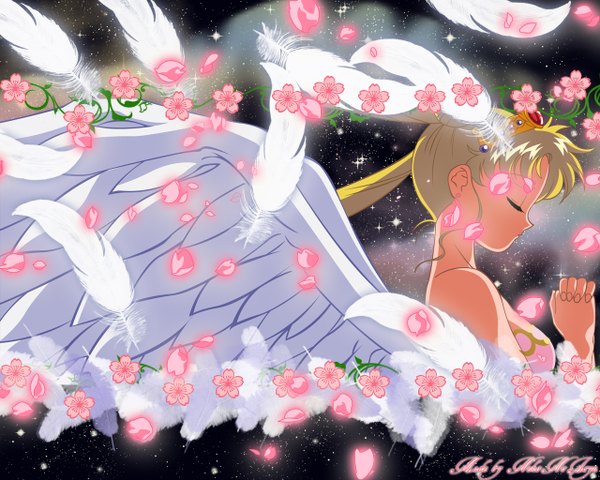 Anime picture 1280x1024 with bishoujo senshi sailor moon toei animation tsukino usagi sailor moon neo queen serenity blonde hair bare shoulders eyes closed profile angel wings girl flower (flowers) petals wings feather (feathers) tiara