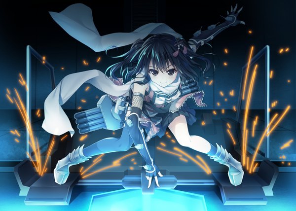 Anime picture 1500x1070 with kantai collection sendai light cruiser raiou single long hair smile brown hair standing bare shoulders brown eyes bent knee (knees) pleated skirt leaning two side up leaning forward girl thighhighs skirt gloves hair ornament