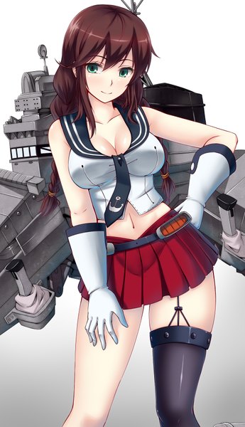 Anime picture 1150x2000 with kantai collection noshiro light cruiser gayprince single long hair tall image looking at viewer blush breasts brown hair green eyes cleavage braid (braids) hand on hip twin braids girl thighhighs skirt gloves navel