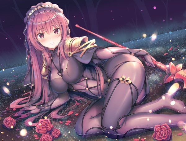 Anime picture 1200x911 with fate (series) fate/grand order scathach (fate) (all) scathach (fate) shirakawako single long hair looking at viewer blush fringe light erotic hair between eyes red eyes holding payot purple hair outdoors lying parted lips night