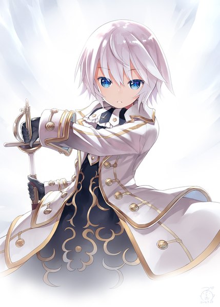 Anime picture 715x1000 with tree of savior fencer (tree of savior) capriccio single tall image looking at viewer fringe short hair blue eyes hair between eyes holding signed ahoge white hair parted lips symbol-shaped pupils sheathed unsheathing girl gloves
