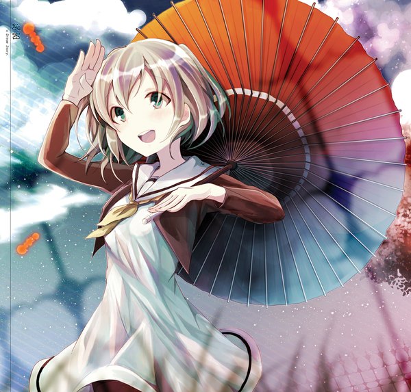 Anime picture 1046x1000 with original shiki nozi single short hair open mouth blonde hair holding sky cloud (clouds) aqua eyes from below happy rain girl dress plant (plants) pantyhose tree (trees) umbrella