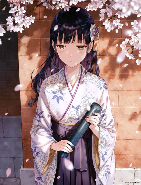 Anime picture 3952x5164 with original dengeki moeou hiten (hitenkei) single long hair tall image fringe highres black hair standing holding signed yellow eyes looking away absurdres outdoors blunt bangs nail polish traditional clothes parted lips