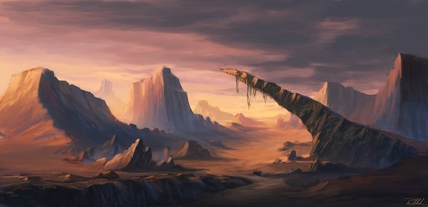 Anime picture 1800x870 with vennom07 highres wide image signed sky mountain no people landscape rock plant (plants) stone (stones)