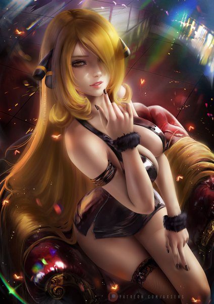 Anime picture 3532x5000 with pokemon pokemon dppt nintendo cynthia (pokemon) axsen single tall image looking at viewer fringe highres breasts light erotic blonde hair large breasts sitting signed yellow eyes absurdres indoors very long hair