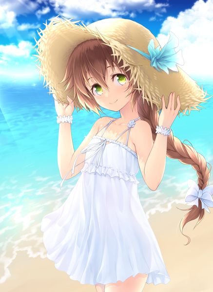 Anime picture 729x1000 with eiyuu densetsu towa herschel hakuleg single long hair tall image looking at viewer blush fringe brown hair standing bare shoulders green eyes payot sky cloud (clouds) outdoors braid (braids) head tilt wind