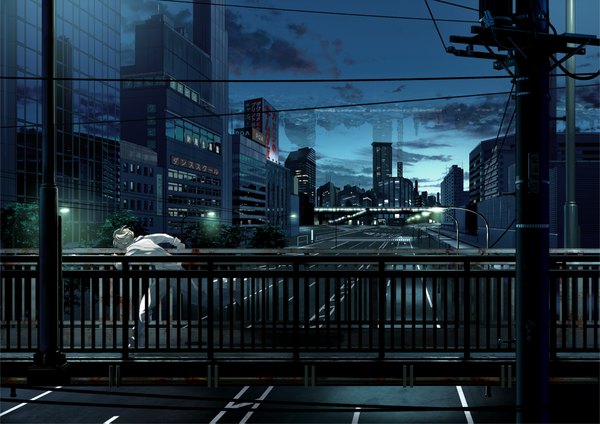 Anime picture 2047x1447 with original kuronokuro single highres short hair sky white hair night city cityscape running street boy plant (plants) tree (trees) building (buildings) road