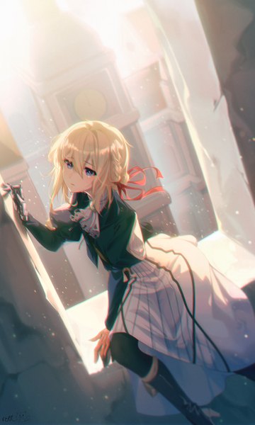 Anime picture 3222x5365 with violet evergarden kyoto animation violet evergarden (character) ildanbaggobwa single tall image looking at viewer blush fringe highres short hair blue eyes blonde hair hair between eyes sitting payot absurdres braid (braids) long sleeves from above