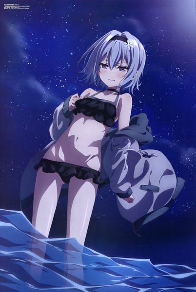 Anime picture 6075x9055 with ryuuou no oshigoto! megami magazine sora ginko yano akane single tall image looking at viewer blush fringe highres short hair blue eyes light erotic hair between eyes standing absurdres silver hair night open jacket official art