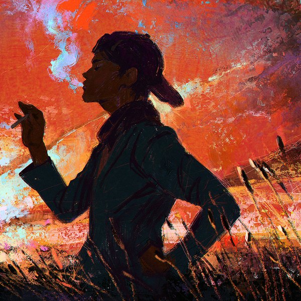 Anime picture 900x900 with the catcher in the rye holden caulfield ilya kuvshinov single short hair black hair sky eyes closed profile smoke hand in pocket smoking field boy plant (plants) grass cigarette