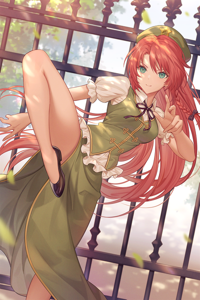 Anime picture 600x900 with touhou hong meiling mutugi single long hair tall image fringe smile hair between eyes standing green eyes outdoors red hair braid (braids) puffy sleeves standing on one leg fighting stance yuzu bath girl skirt