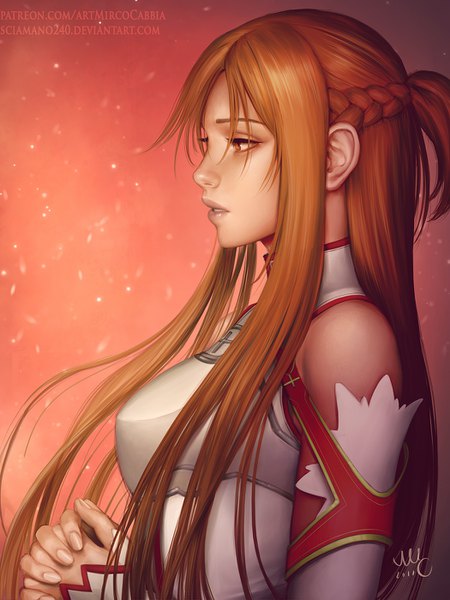 Anime picture 1050x1400 with sword art online a-1 pictures yuuki asuna sciamano240 single long hair tall image simple background brown hair bare shoulders brown eyes signed looking away upper body braid (braids) profile realistic portrait hands clasped interlocked fingers