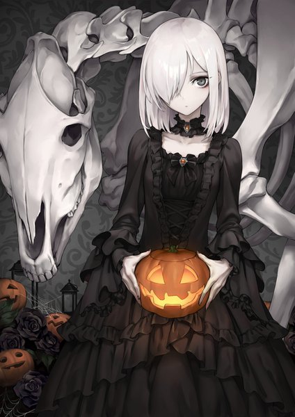 Anime picture 905x1280 with original oopartz (grooooovy) single tall image looking at viewer fringe short hair holding green eyes white hair long sleeves nail polish fingernails hair over one eye monochrome halloween pale skin black nail polish spot color bone (bones)