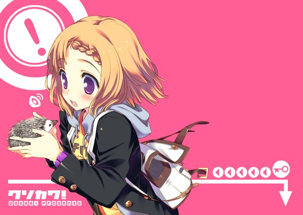 Anime picture 1200x853 with original tatami to hinoki single blush short hair open mouth purple eyes orange hair inscription pink background girl hood bag hedgehog