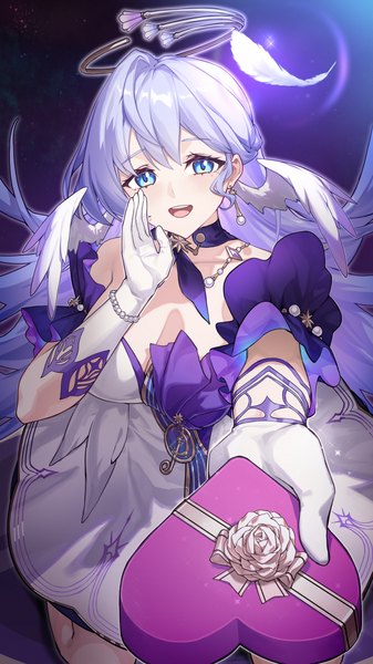Anime-Bild 1440x2560 mit honkai: star rail honkai (series) robin (honkai: star rail) biai (522323674) single long hair tall image looking at viewer blush fringe breasts open mouth blue eyes hair between eyes standing bare shoulders cleavage silver hair outstretched hand head wings