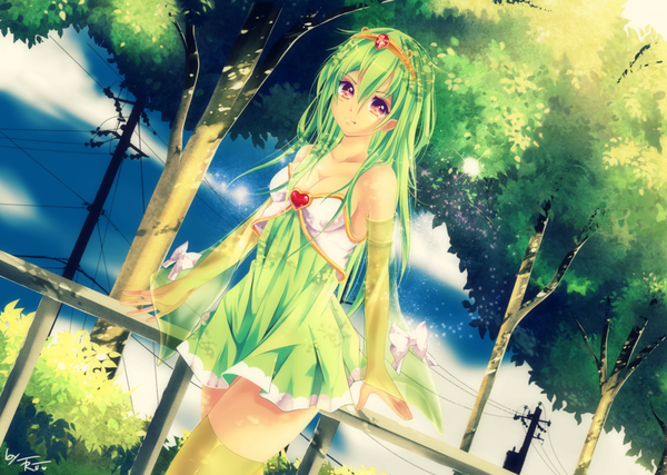 Anime picture 1600x1140 with original shinaishadow single long hair smile bare shoulders yellow eyes sky cloud (clouds) green hair sunlight dutch angle girl thighhighs dress hair ornament plant (plants) detached sleeves tree (trees) jewelry