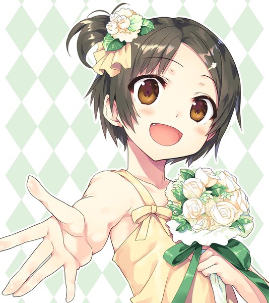 Anime-Bild 1500x1684 mit maitetsu minokasa nagi cura single tall image looking at viewer blush short hair open mouth black hair simple background smile holding brown eyes upper body :d hair flower fang (fangs) one side up outstretched hand