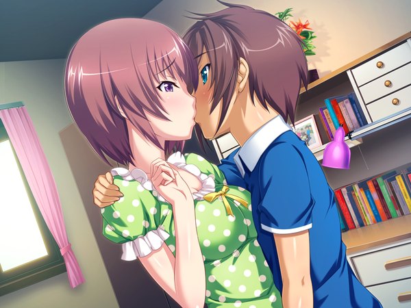 Anime picture 1024x768 with tsuboi-kun no switch! short hair blue eyes brown hair purple eyes game cg kiss girl boy